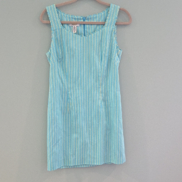 Talbots Striped Mini Dress Made in The USA Aqua 100% Cotton Women's Size 4 - Picture 1 of 10